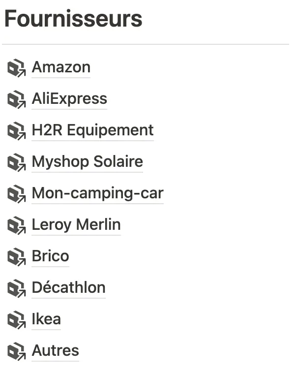 Liste des fournisseurs