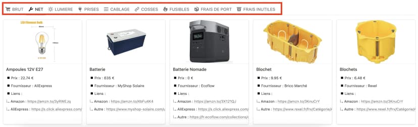 Illustration des différents onglets